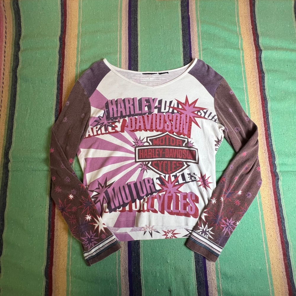 Harley Davidson Shirt Womens M White Purple Long Sleeve Graphic Y2K Biker 2003